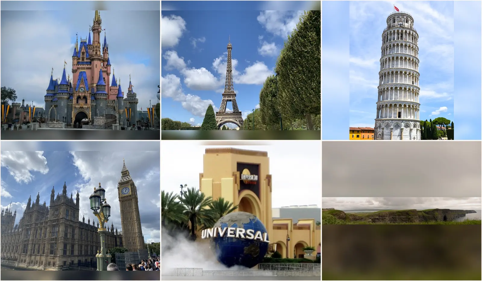 Collage de fotografías reales: castillo de Disney, Torre Eiffel, Torre de Pisa, Londres, Universal e Irlanda